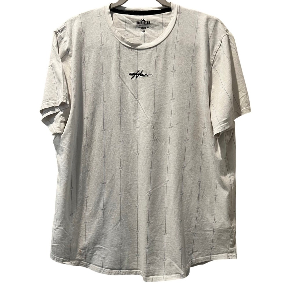 Hollister Mens‎ Curved Hem Graphic T Shirt XL White Vertical Stripe